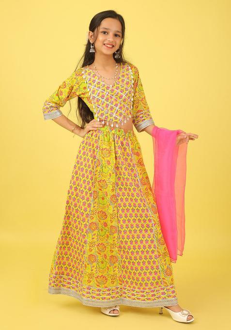 Yellow Printed Cotton Lehenga Set For Girls — view on Indya
