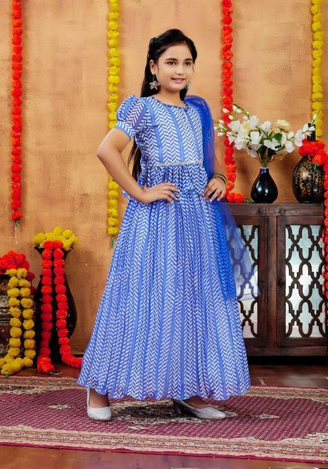 Blue Printed Georgette Lehenga Set For Girls — view on Indya