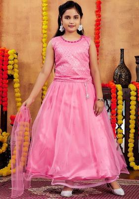 Pink Embellished Net Lehenga Set For Girls