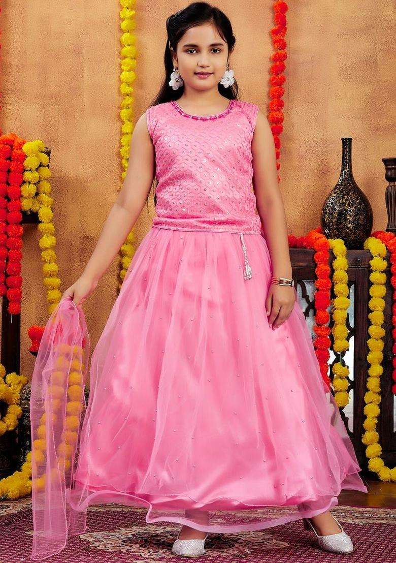 Pink Embellished Net Lehenga Set For Girls - Indya