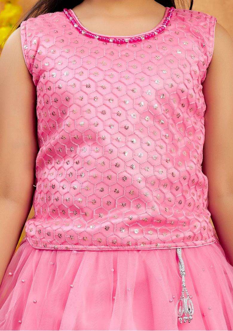 Pink Embellished Net Lehenga Set For Girls - Indya