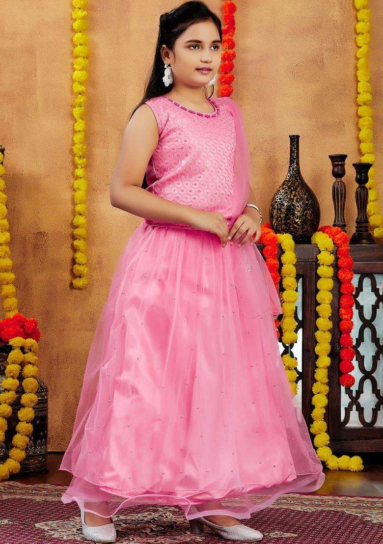 Pink Embellished Net Lehenga Set For Girls - Indya