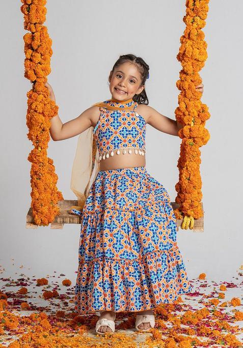Blue Printed Cotton Lehenga Set For Girls — view on Indya