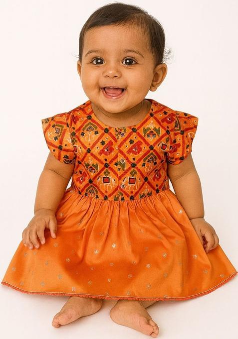 Orange Printed Silk Lehenga Set For Girls — view on Indya