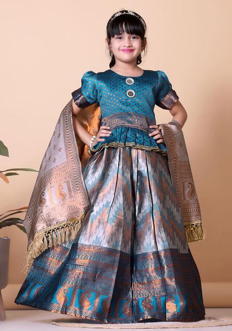 Blue Woven Design Silk Lehenga Set For Girls — view on Indya