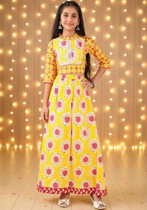 Yellow Printed Cotton Lehenga Set For Girls — view on Indya