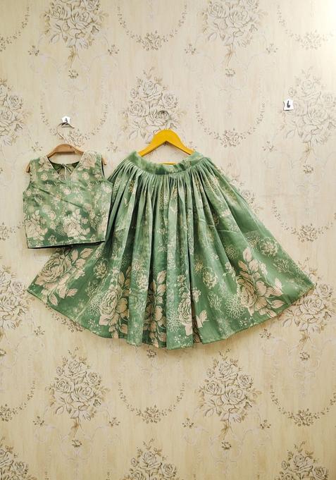 Green Printed Silk Lehenga Set For Girls — view on Indya