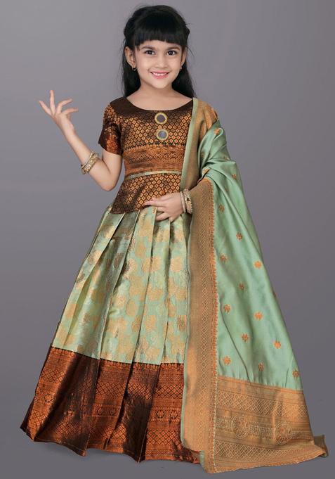 Green Woven Design Polyester Lehenga Set For Girls — view on Indya