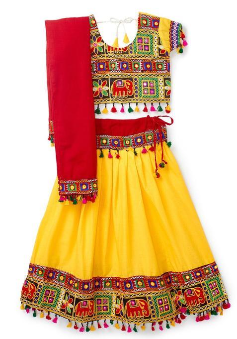 Yellow Embroidered Cotton Lehenga Set For Girls — view on Indya