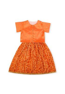 Orange Woven Design Cotton Lehenga Set For Girls
