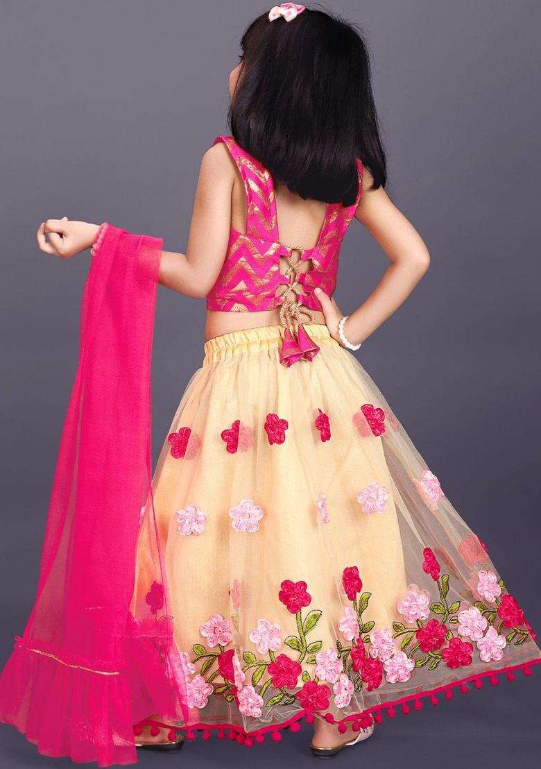Pink Embellished Net Lehenga Set For Girls - Indya