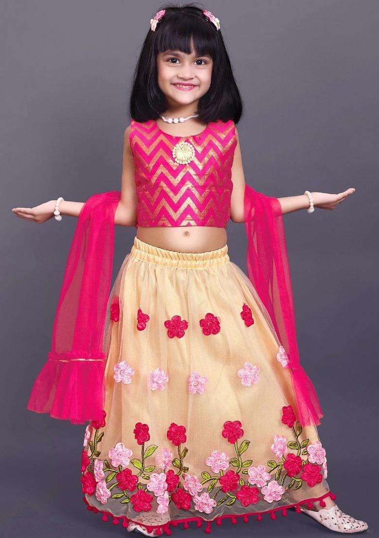 Pink Embellished Net Lehenga Set For Girls - Indya