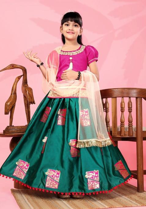 Green Embellished Silk Lehenga Set For Girls — view on Indya