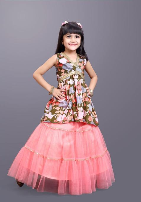 Green Printed Net Lehenga Set For Girls — view on Indya