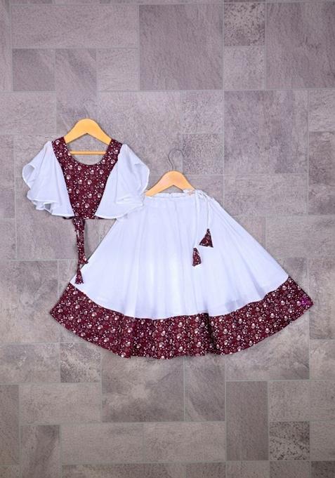 White Printed Silk Lehenga Set For Girls — view on Indya