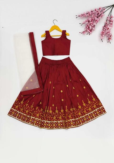 Maroon Solid Silk Lehenga Set For Girls — view on Indya