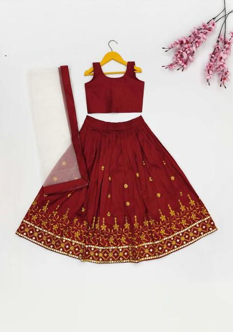Maroon Solid Silk Lehenga Set For Girls — view on Indya