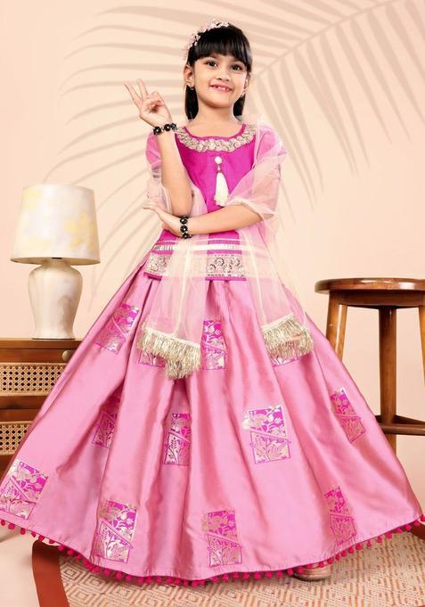 Pink Embroidered Silk Lehenga Set For Girls — view on Indya
