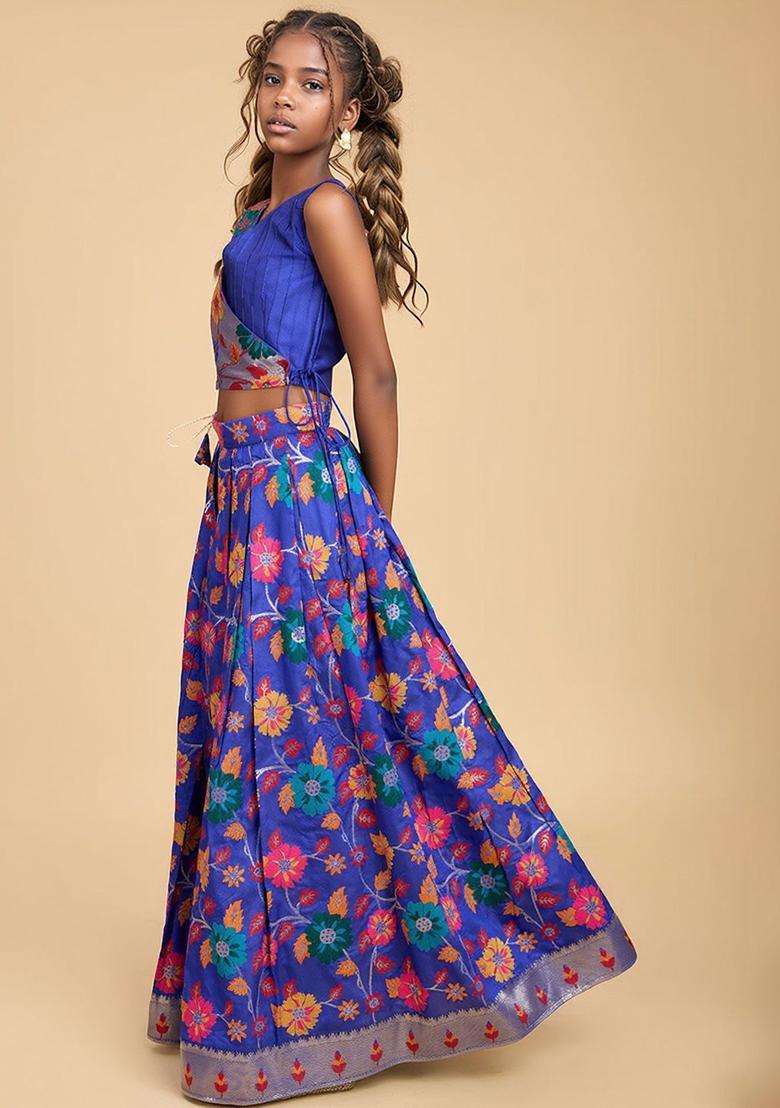 Blue Floral Silk Lehenga Set For Girls - Indya