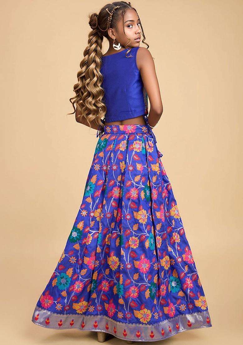 Blue Floral Silk Lehenga Set For Girls - Indya