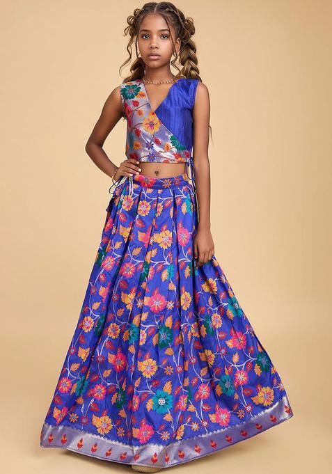 Blue Floral Silk Lehenga Set For Girls — view on Indya