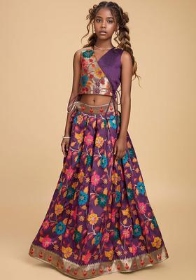 Purple Woven Design Silk Lehenga Set For Girls