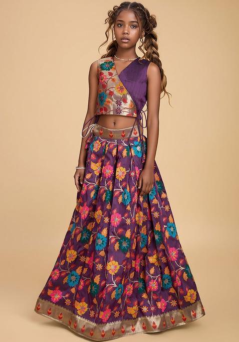 Purple Woven Design Silk Lehenga Set For Girls — view on Indya