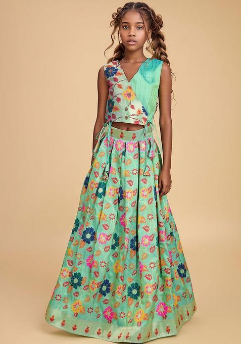 Green Embellished Silk Lehenga Set For Girls — view on Indya