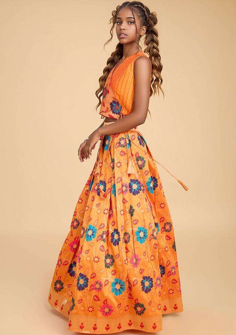 Orange Printed Silk Lehenga Set For Girls - Indya
