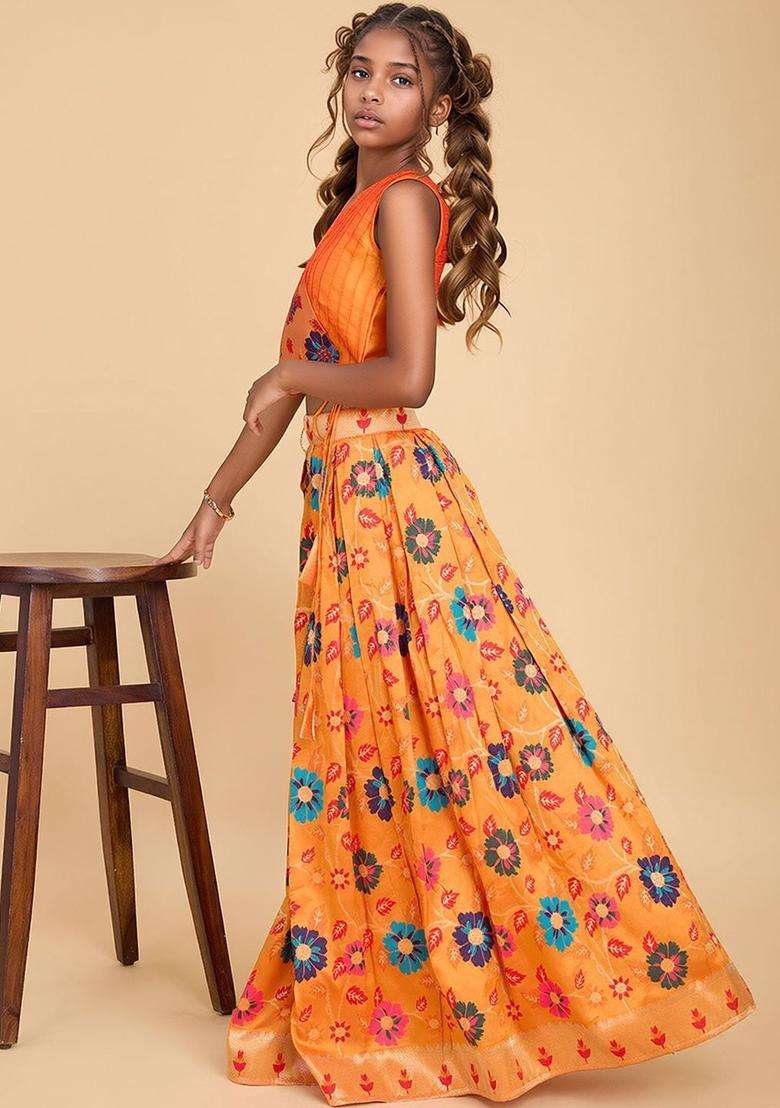 Orange Printed Silk Lehenga Set For Girls - Indya