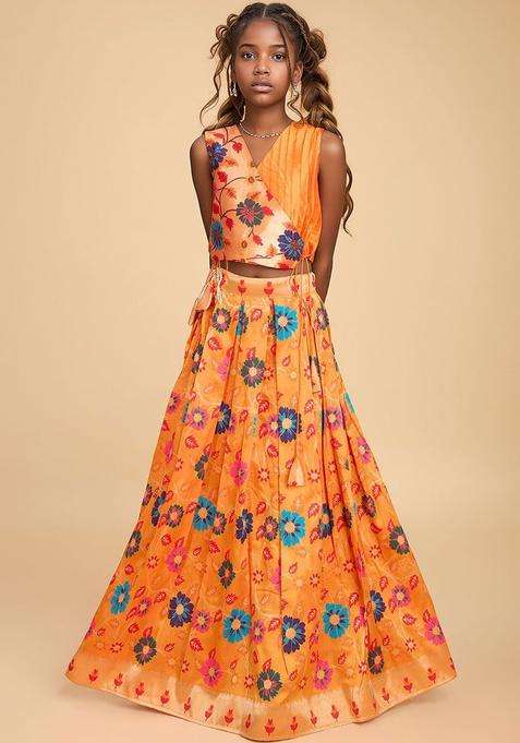 Orange Printed Silk Lehenga Set For Girls