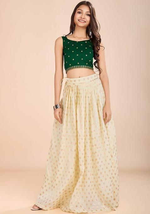 Green Embroidered Silk Lehenga Set For Girls — view on Indya
