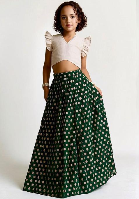 Green Embellished Silk Lehenga Set For Girls — view on Indya
