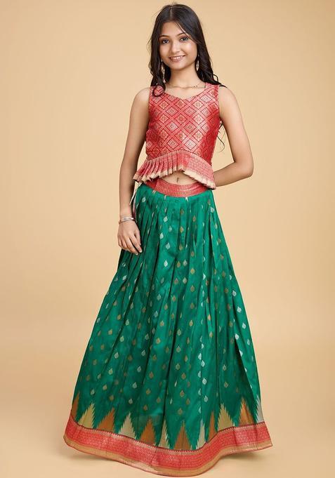 Green Woven Design Silk Lehenga Set For Girls — view on Indya