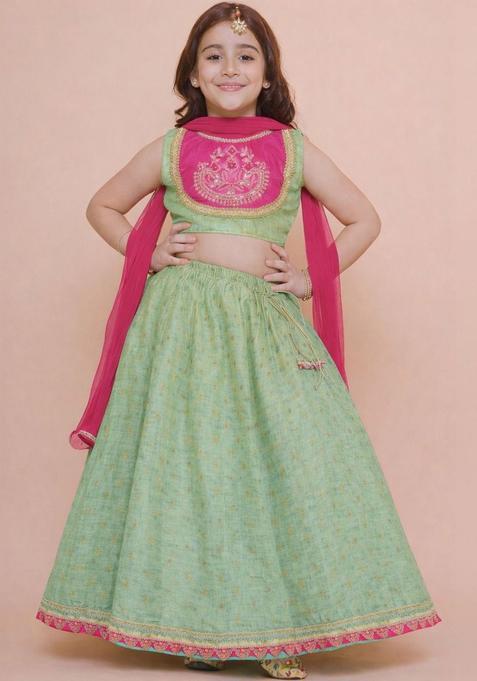 Green Embellished Silk Lehenga Set For Girls — view on Indya