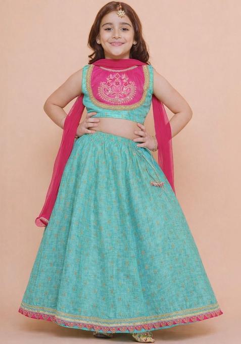 Green Embellished Silk Lehenga Set For Girls — view on Indya