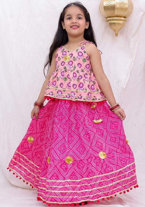 Pink Printed Cotton Lehenga Set For Girls — view on Indya