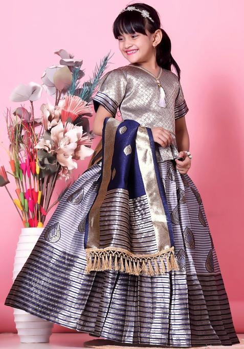 Grey Woven Design Silk Lehenga Set For Girls — view on Indya