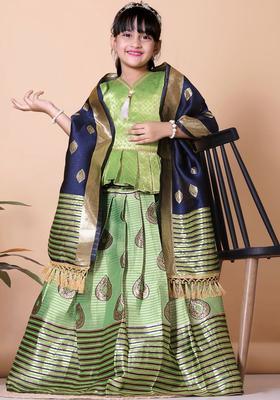 Green Woven Design Silk Lehenga Set For Girls