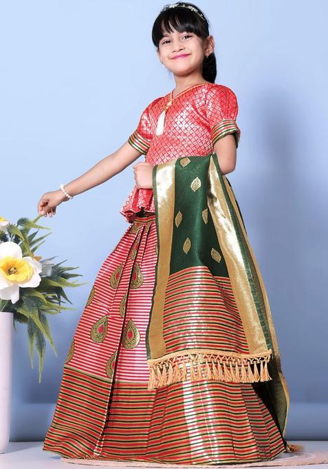 Red Woven Design Silk Lehenga Set For Girls — view on Indya