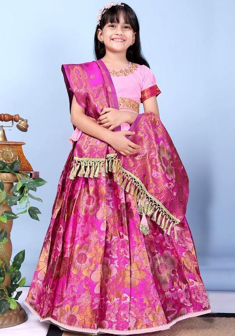 Pink Embellished Silk Lehenga Set For Girls — view on Indya
