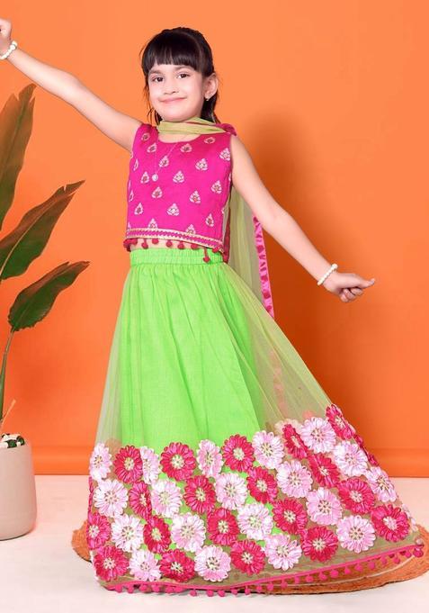 Green Embellished Net Lehenga Set For Girls — view on Indya