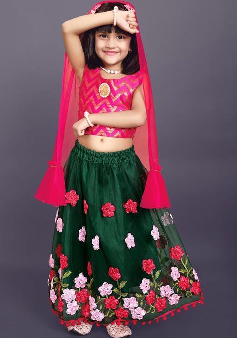 Green Woven Design Net Lehenga Set For Girls — view on Indya