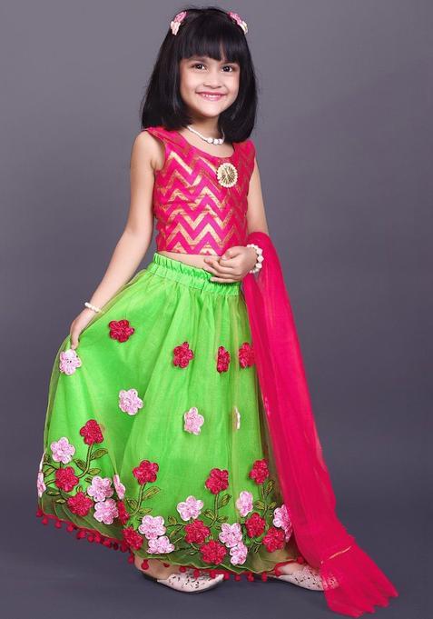 Green Woven Design Net Lehenga Set For Girls — view on Indya