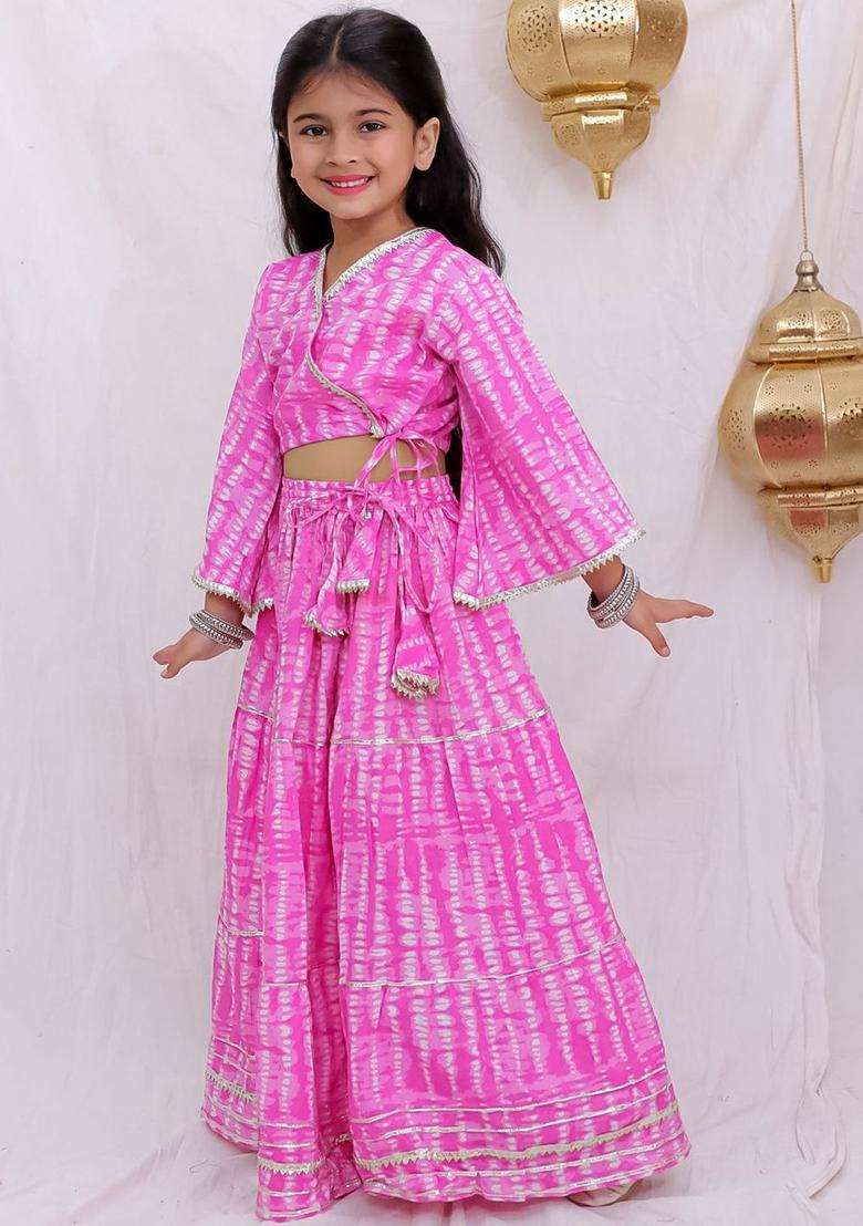 Pink Dyed Cotton Lehenga Set For Girls - Indya