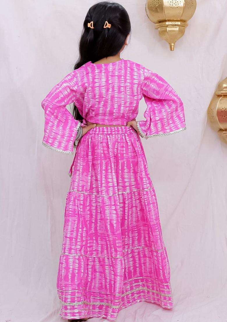 Pink Dyed Cotton Lehenga Set For Girls - Indya