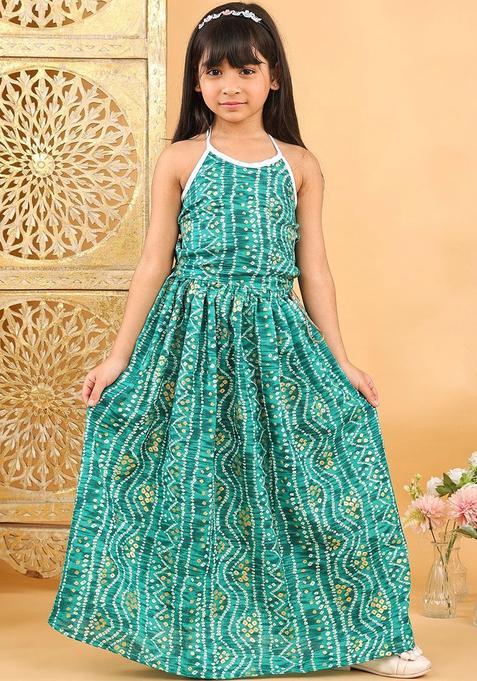Green Printed Cotton Lehenga Set For Girls — view on Indya