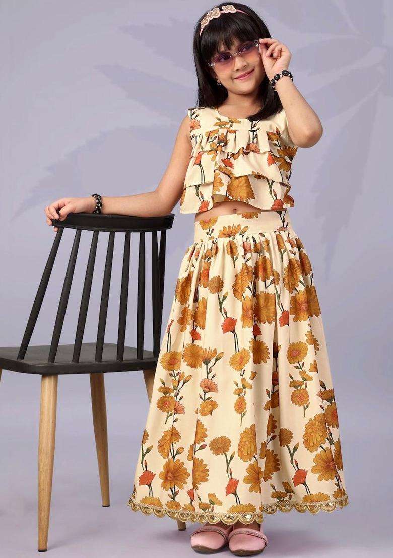 Beige Floral Viscose Lehenga Set For Girls - Indya
