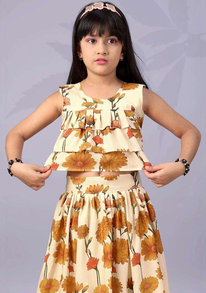 Beige Floral Viscose Lehenga Set For Girls - Indya