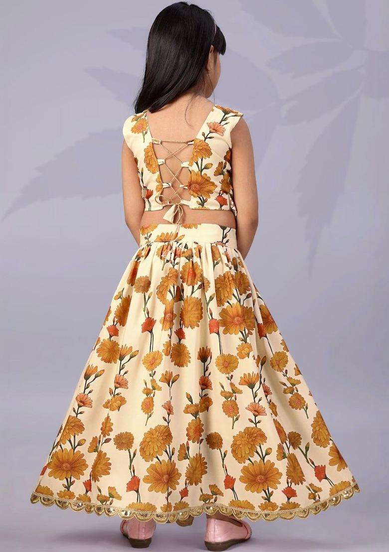 Beige Floral Viscose Lehenga Set For Girls - Indya